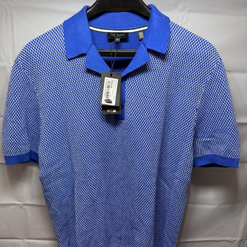 Ted Baker London Gregry Knitted Polo Shirt Blue White Stitch Mens size 3 medium